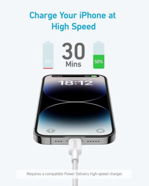 ⁦كابل USB-C إلى لايتنينج 3 قدم، من أنكر، أبيض A81B5H21⁩ - الصورة ⁦2⁩