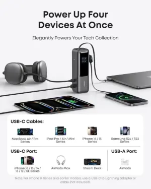 باور بنك انكر زولو سلكي بمنفذ USB-C وUSB-A، مع كابلين USB-C بلت ان، 165 وات، 25000 مللي امبير، 3 منافذ، اسود - A1695H11 - الصورة 3