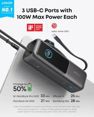 باور بنك انكر زولو سلكي بمنفذ USB-C وUSB-A، مع كابلين USB-C بلت ان، 165 وات، 25000 مللي امبير، 3 منافذ، اسود - A1695H11 - الصورة 5