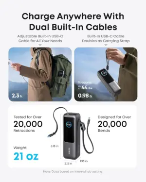 باور بنك انكر زولو سلكي بمنفذ USB-C وUSB-A، مع كابلين USB-C بلت ان، 165 وات، 25000 مللي امبير، 3 منافذ، اسود - A1695H11 - الصورة 6