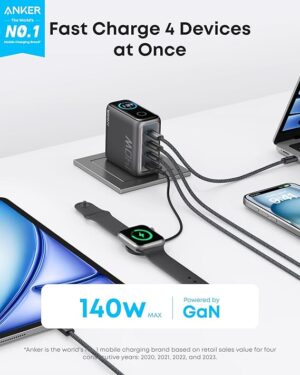 ⁦أنكر شاحن بقوة 140 وات 4 مداخل مع كابل USB-C⁩ - الصورة ⁦3⁩