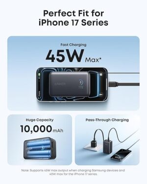 ⁦باور بانك نانو، 10000 مللي أمبير، 45 واط، كابل USB-C مدمج قابل للسحب، أسود، من أنكر A1638H11⁩ - الصورة ⁦2⁩