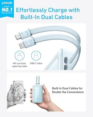 ⁦باور بانك Zolo، سعة 10,000 مللي أمبير، 35 واط، كابلان مدمجان USB-C، أزرق، من أنكر، A1680H32⁩ - الصورة ⁦3⁩