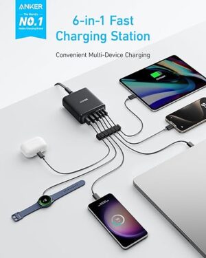 ⁦محطة شحن، 112 واط، 3 أمبير، 3 × USB-A - 3 × USB-C، أسود، من أنكر، A2154G11⁩ - الصورة ⁦3⁩