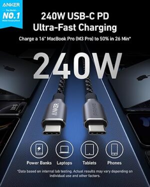 كابل USB-C إلى USB-C، بطول 6 أقدام، قدرة 240 واط، مجدول من مواد معاد تدويرها، أسود، من أنكر، A82E2H12 - الصورة 4
