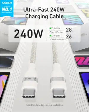 كابل انكر USB-C إلى USB-C بطول 6 قدم، قدرة 240 واط، أبيض - A82E2H22 - الصورة 3
