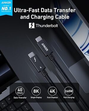 ⁦كابل Thunderbolt 4، 3.3 قدم، 240 واط، سرعة 40 جيجابت/ثانية، مجدول، أسود، من أنكر،A84N0011<br><br>⁩ - الصورة ⁦4⁩