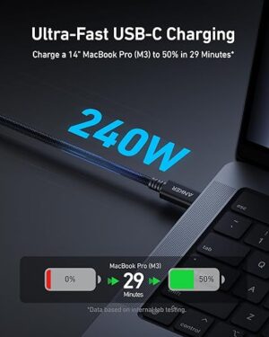⁦كابل Thunderbolt 4، 3.3 قدم، 240 واط، سرعة 40 جيجابت/ثانية، مجدول، أسود، من أنكر،A84N0011<br><br>⁩ - الصورة ⁦2⁩