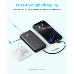⁦باور بانك Zolo سلكي ديجيتال مع كابل مدمج USB-C، بسعة 20000 مللي امبير، 3 منفذ، بقوة 22.5 وات، USB-C + USB-A، اسود - A110EH11⁩ - الصورة ⁦5⁩